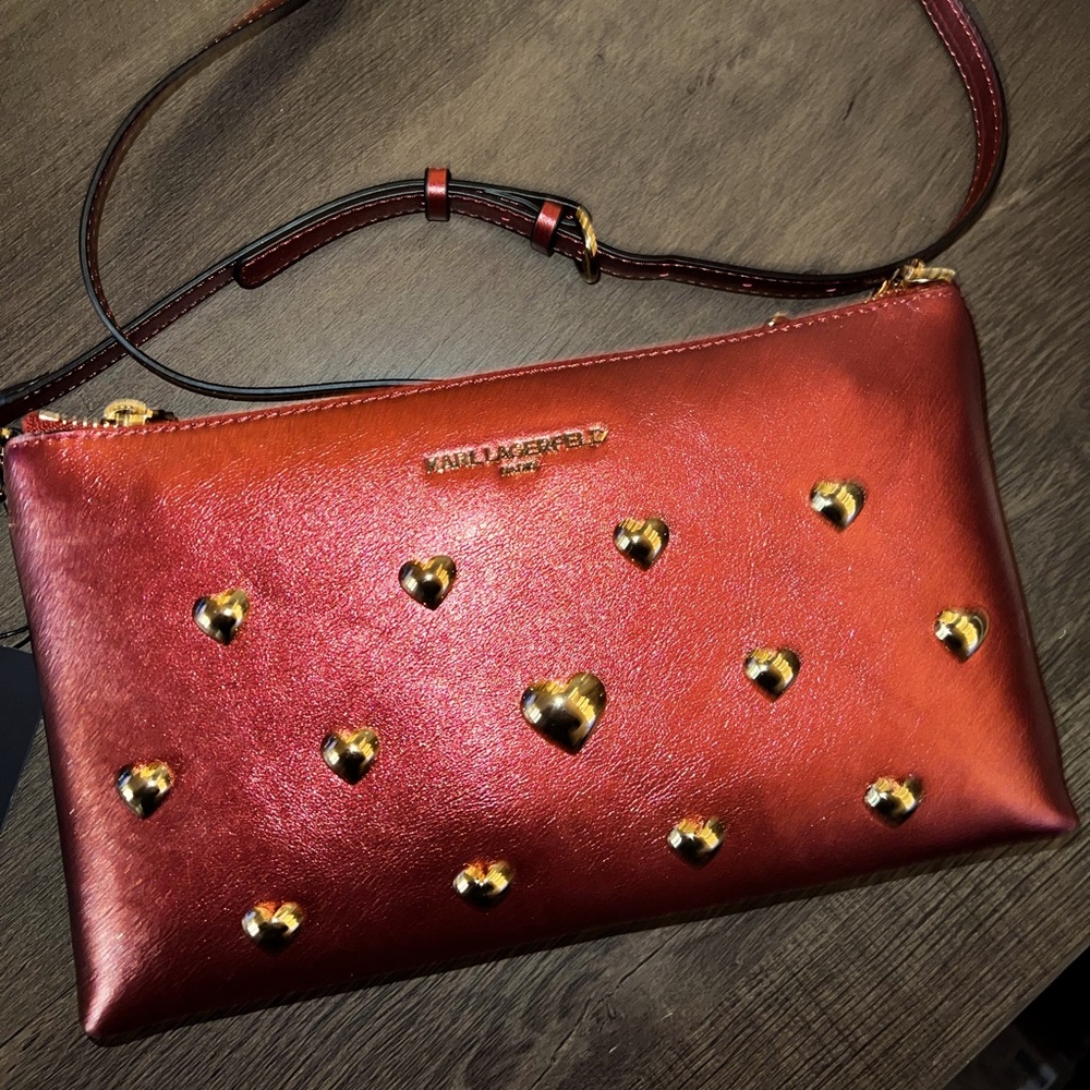 KARL LAGERFELD KAROLINA LIGHT METALLIC RED CRANBERRY CROSSBODY BAG NEW WITH TAG